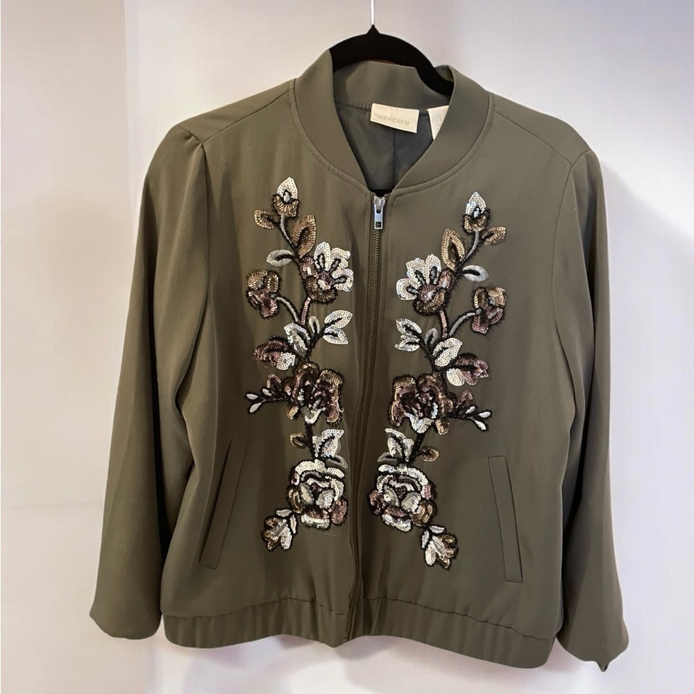 Chico's Olive Green Bomber Jacket Size 1 Embellished Zippered High Collar